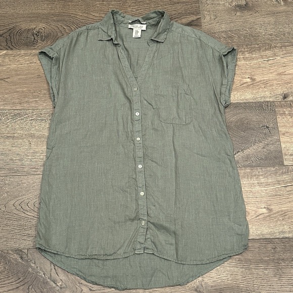 Rachel Zoe 100% Linen Green Boxy Lagenlook Button Up Short Sleeve Shirt Size M - Picture 1 of 8